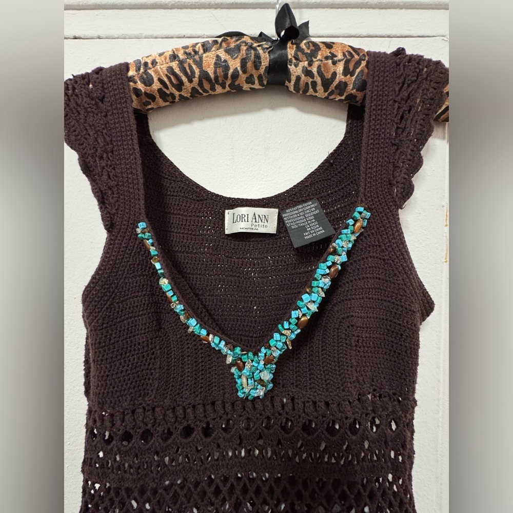Y2K Lori Ann Montreal brown crochet dress turquoise stone beading Sz Small 👗